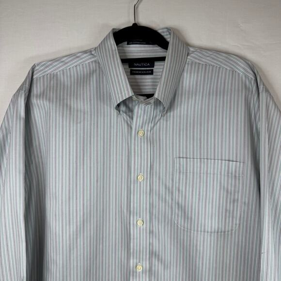 Nautica Premium Non-Iron Blue Striped Button Up 100% Cotton 16.5 32/33 - Picture 1 of 3